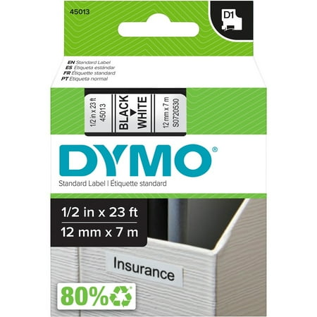 DYMO D1 Standard Labels for LabelManager Label Makers, 1/2-Inch x 23-Foot, Black Print on White Tape, Self-Adhesive, 1 Cartridge