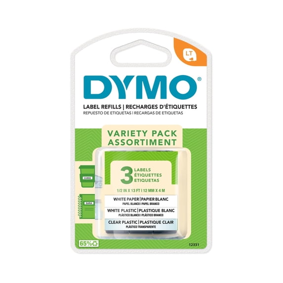 DYMO LT Labels Variety Pack, 1/2-Inch x 13-Foot Rolls, Black Print, 3 Rolls, for LetraTag label makers