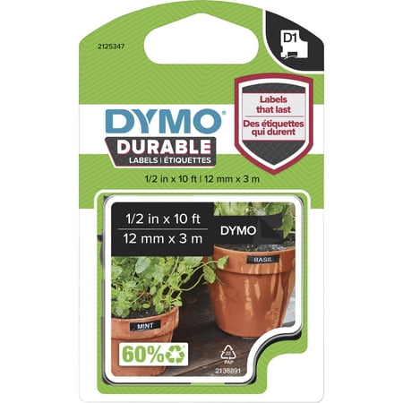 Dymo Durable D1 1/2" Labels - 1/2" - Rectangle - Black - 1 Each