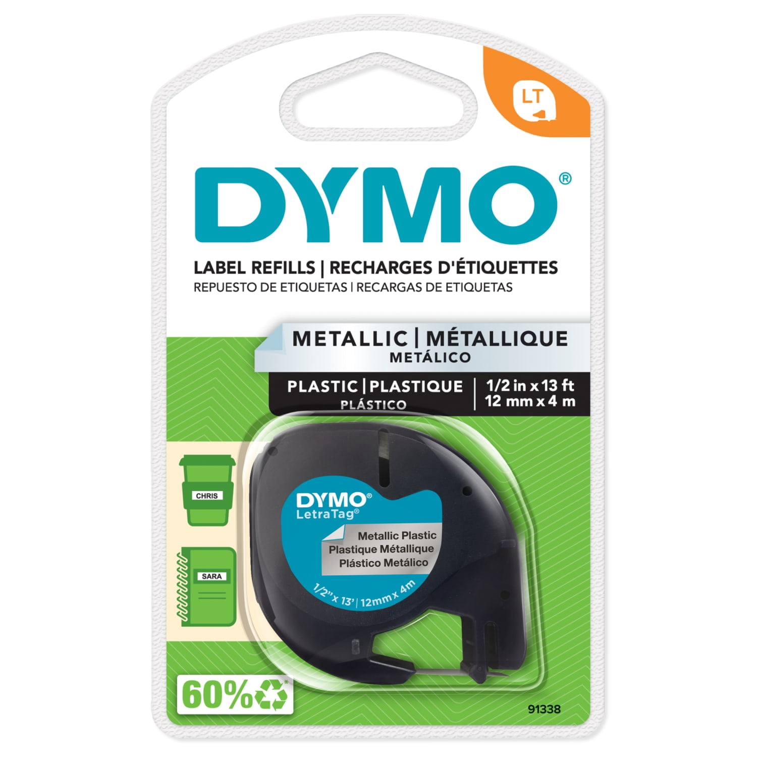 DYMO LT Plastic Labels for LetraTag Label Makers, Black print on Metallic Silver tape labels, 1/2-Inch x 13-Foot Roll