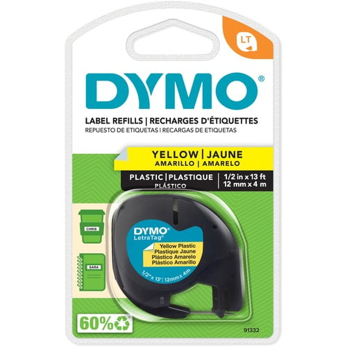 Dymo LetraTag Label Maker Tape Cartridge, x 1/2" Width, Direct Thermal, Yellow, Polyester (91332) | 2-Pack (2 Total)