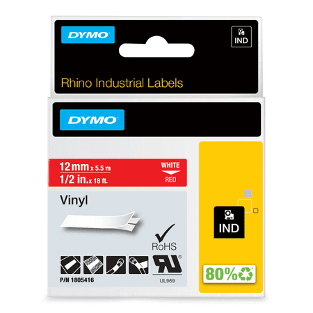 DYMO Rhino Industrial Vinyl Labels, 1/2", White Print on Red Tape