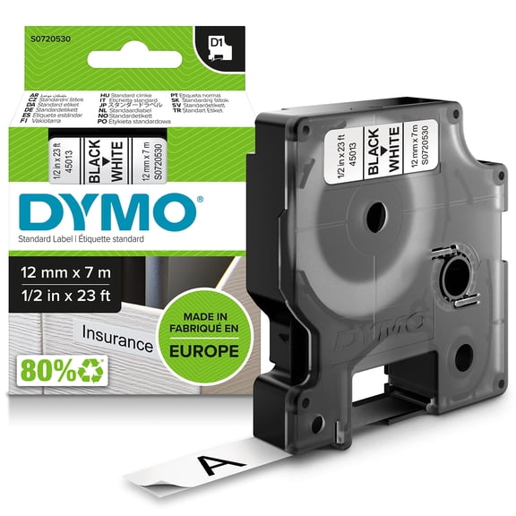 Dymo S0720530 White Tape Black Print, 1 Roll Per Carton, Priced Per Roll