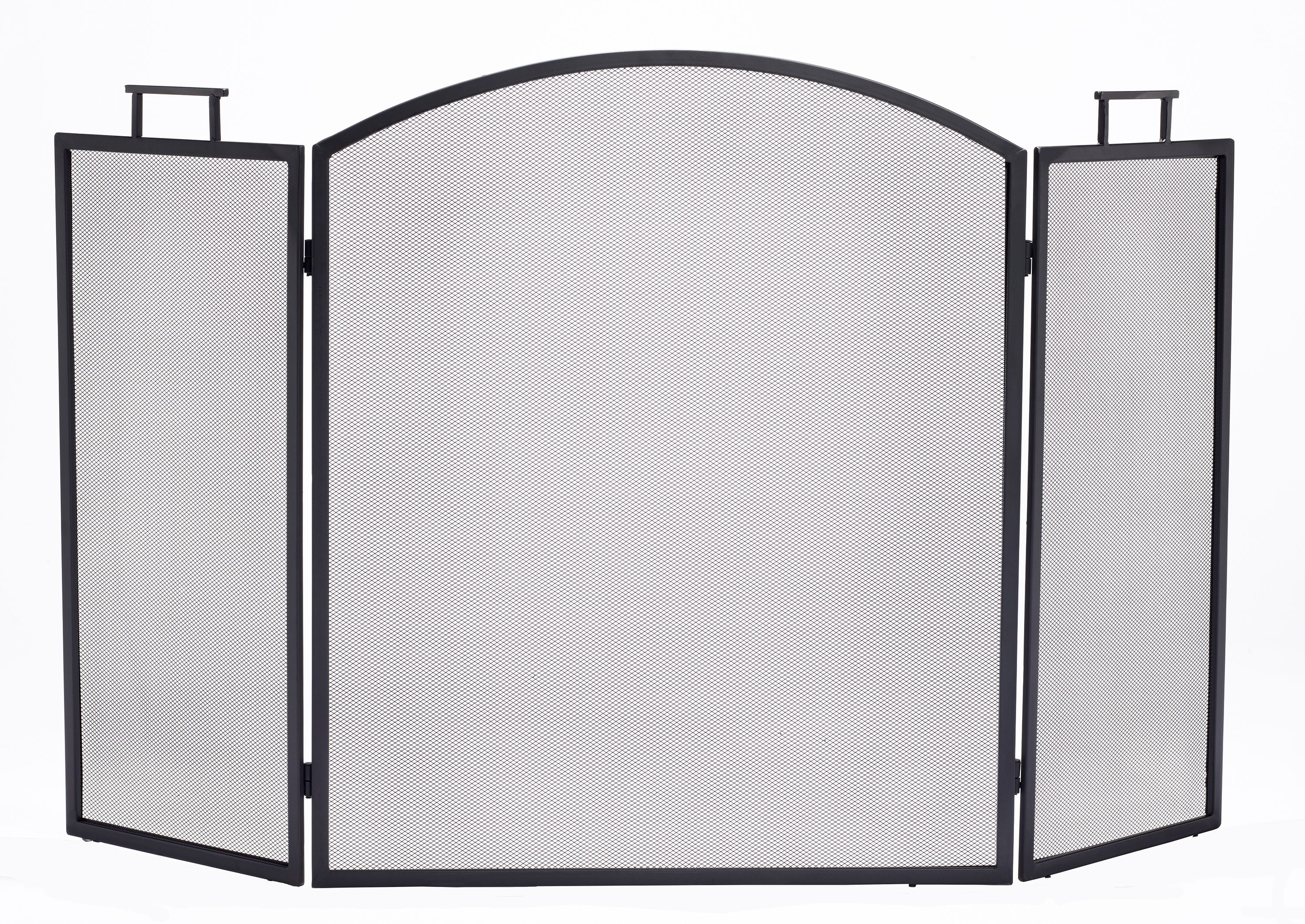 Classic Black Steel Three-Panel Fireplace Screen with Mesh
