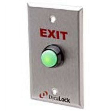 DynaLock 6172 Weatherproof Pushbutton Green LED Backlit 3/4 Diameter White Thermoplastic Raised Dome Button Single Gang Plate Field Selectable 12/24 VDC Faceplate Silkscreened EXIT
