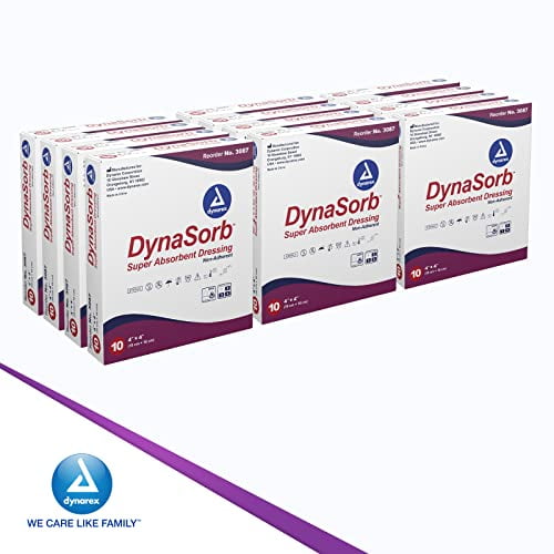 DynaSorb Super Absorbent Dressings, Sterile Wound Care, Soft & Absorbent, Multi-Layered, One-Piece, Waterproof, Non-Adhering, 4 x 4, 1 Case of 120 Dressings