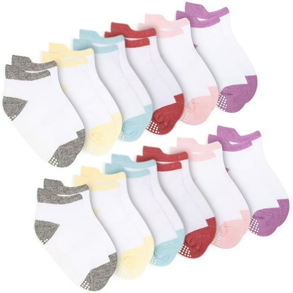Dynadans Girls' Boys' Non-Slip Socks with Grip 12 Pairs Cotton Ankle Socks for Infant/Toddler/Kids