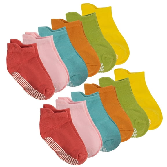 Dynadans Girls' Boys' Non-Slip Socks with Grip 12 Pairs Cotton Ankle Socks for Infant/Toddler/Kids