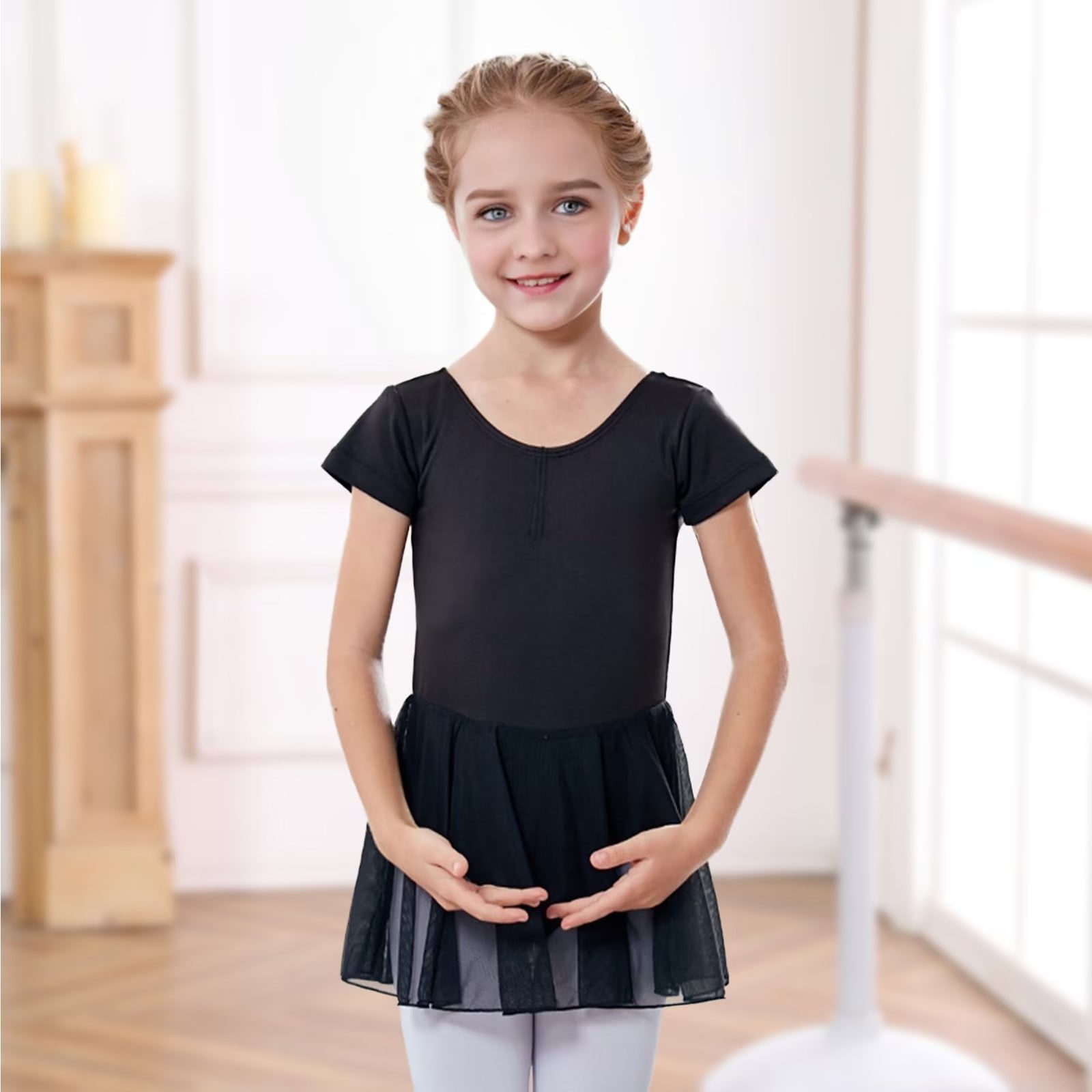 Dynadans Black Ballet Leotard with Skirt, Short Sleeve for Gymnastics Dancewear