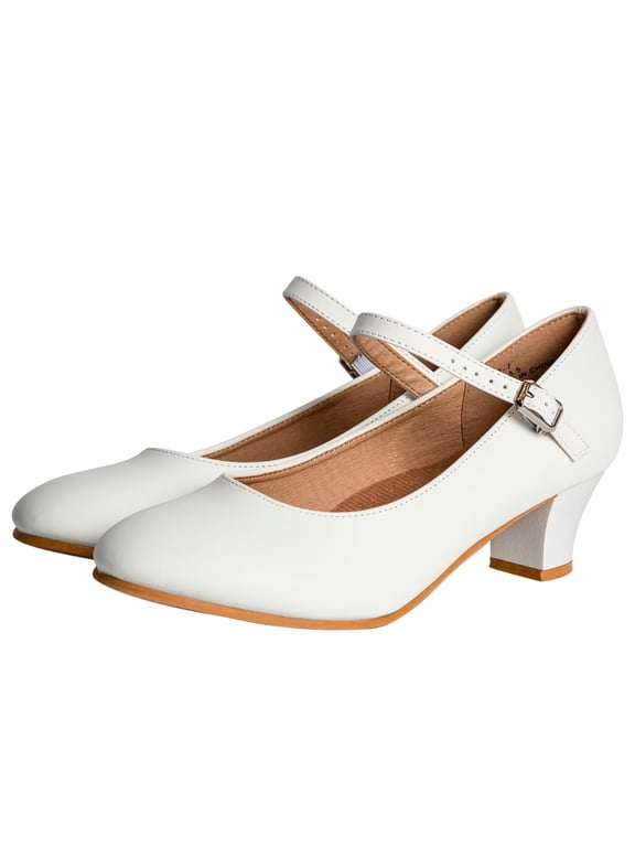 White Character Shoes for Women 1.5" Heel Ankle Strap Salsa Musical Theater Dance Shoes