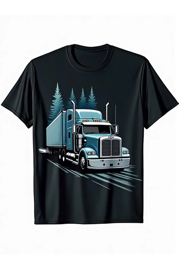 Dynamic 18 Wheeler Driver Tee - Artistic Motion Illustration, Black Casual Short Sleeve T-Shirt for Men, Medium Stretch, Crew Neck, All-Season Comfort, Perfect for Truck