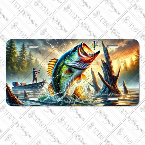 Dynamic Bass Fishing Aluminum License Plate  Exciting Angler Scene with Largemouth Bass in Action, Perfect for Fishing Enthusiasts