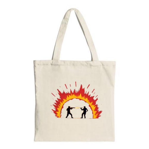 Dynamic Battle Scene Tote Bag - Silhouetted Figures in Fiery Explosion Design Perfect for Shopping Travel & Parties