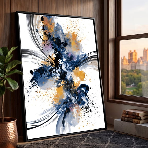Dynamic Blue And Gold Abstract Splash Art Modern Wall Art Energetic Paint Splatter Design Contemporary Home Decor Art, Unframed Paper Print