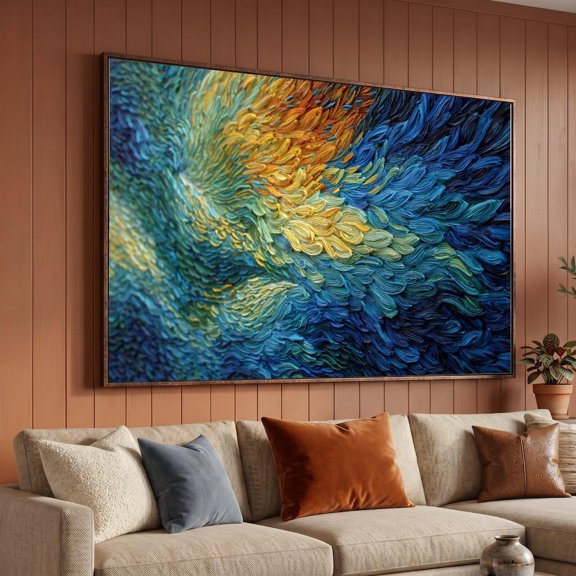 Dynamic Blue And Gold Swirl Art Abstract Modern Wall Art Vibrant Colorful Design Contemporary Home Decorationart
