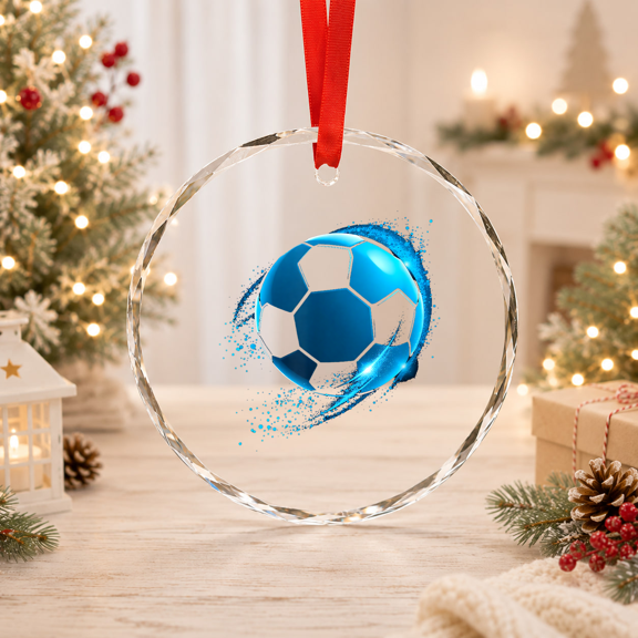 Dynamic Blue Soccer Ball Glass Ornament