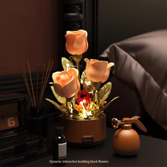 Dynamic Building Block Flower Electric Assembly Rose Bouquet Fairy Atmosphere High-end Decoration For Girl Handmade Wedding Gift