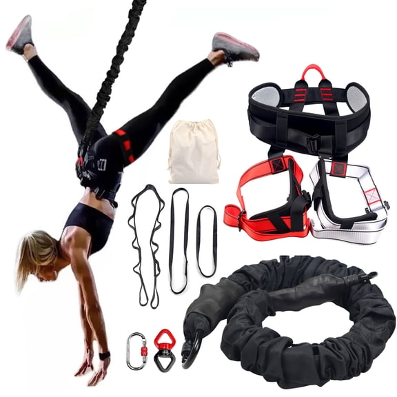 Dynamic Bungee Resistance Trainer with Reinforced Padded Belt, 360-Rotation Suspension Set for Full Body Cardio, High-Tension Bungee Rope with Adjustable Daisy Chain, 50-100KG Capacity