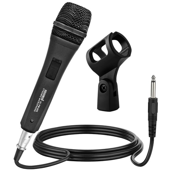Dynamic Cardioid Handheld Microphone w/On-Off Switch - XLR to 1/4" Cable & Holder, Noise-Reducing Unidirectional Mic for Karaoke/Parties/Public Speaking