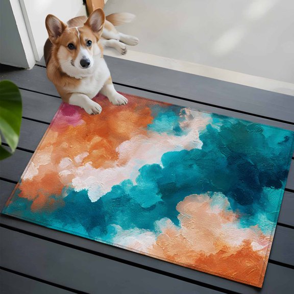 Dynamic Clouds Area Rug, Abstract Orange White Teal Color Swirls Texture Non-Slip Felt Rubber Backing Rectangle Indoor Carpet Washable Rugs for Living Room Bedroom 2x3ft