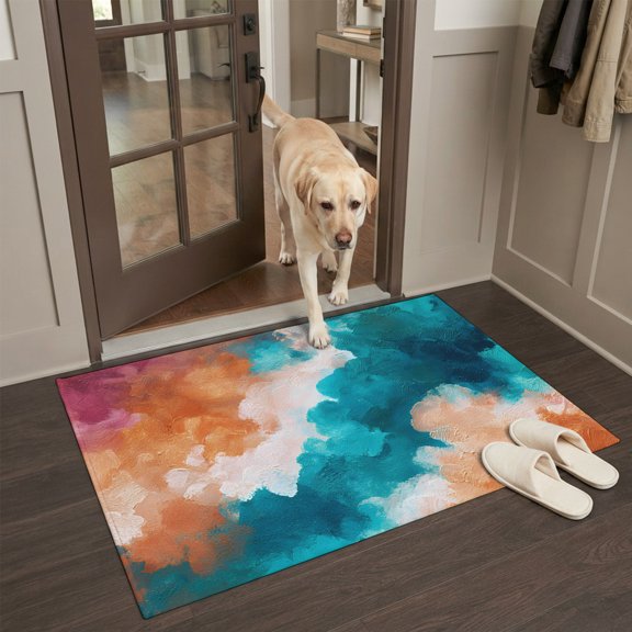 Dynamic Clouds Front Door Rugs 2x3ft Abstract Orange White Teal Color Swirls Texture Washable Rug, Non Slip Indoor Carpet Absorbent Floor Mat for Living Room Bedroom Dining Room