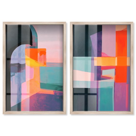 Dynamic Color Blocks Shadowbox Print Modern Abstract Art Set by Art Remedy, Blonde Frame, 10 x 15