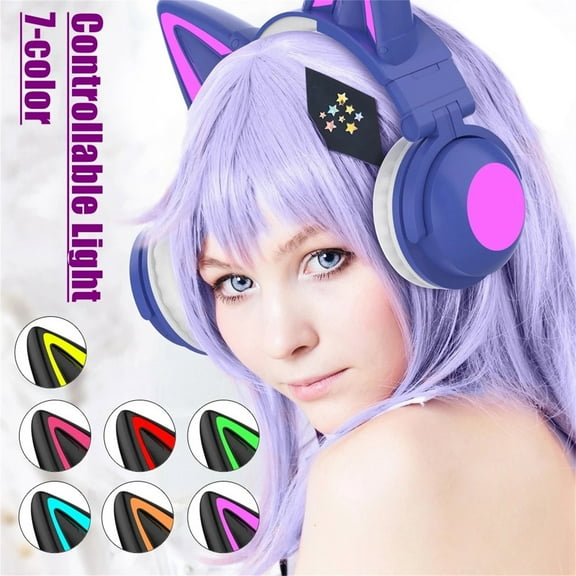 Dynamic Color Changing Cat Ears Headphones, Foldable Bluetooth 5.0 Earmuffs, Built-in Mic, 12H Playtime, AUX Support, 3.5mm Audio Cable, Suitable for Gaming, Live Streaming, and Cosplay Events