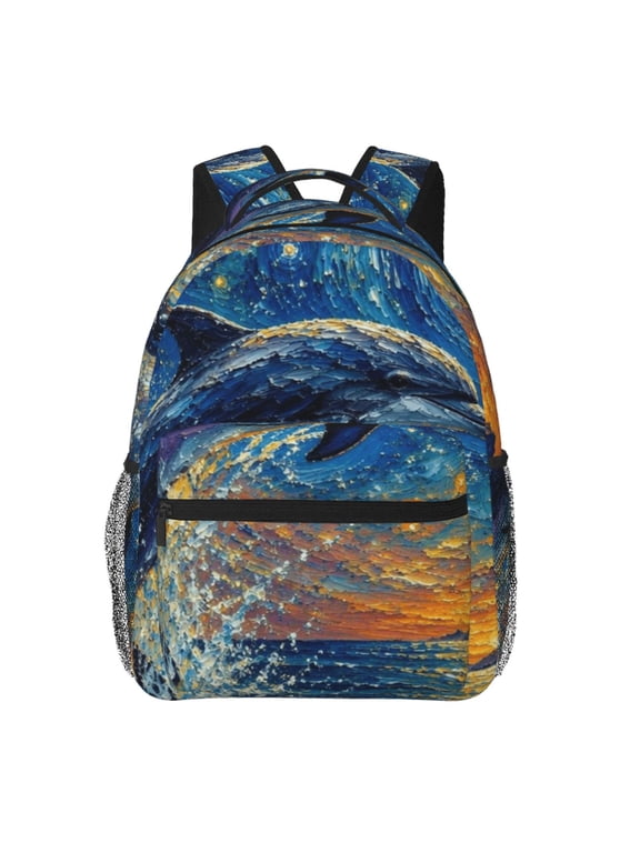 Dynamic Cosmic Swirl Dolphin Illustration Laptop Backpack Travel Rucksack for Teens Adults, Fits 15-inch Notebook