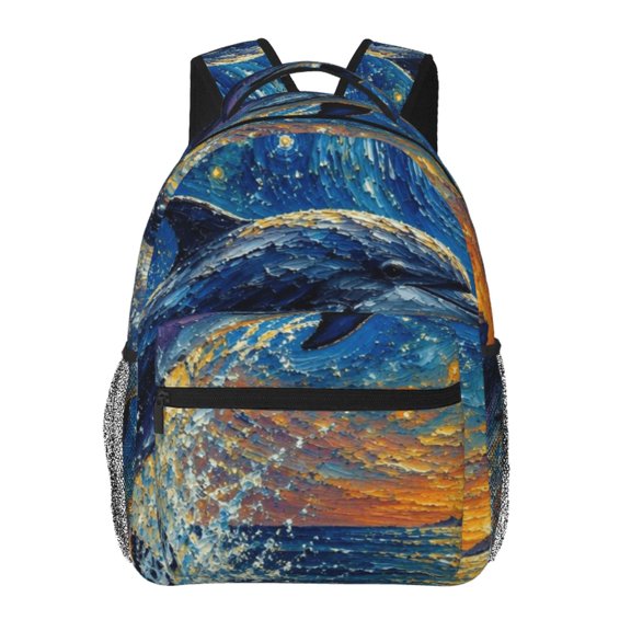 Dynamic Cosmic Swirl Dolphin Illustration Laptop Backpack Travel Rucksack for Teens Adults, Fits 15-inch Notebook