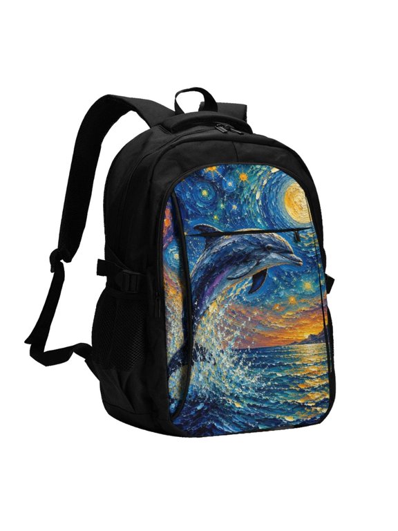 Dynamic Cosmic Swirl Dolphin Illustration Laptop Backpack with USB Charging Headphone Port Casual Daypack Bag College Business Travel