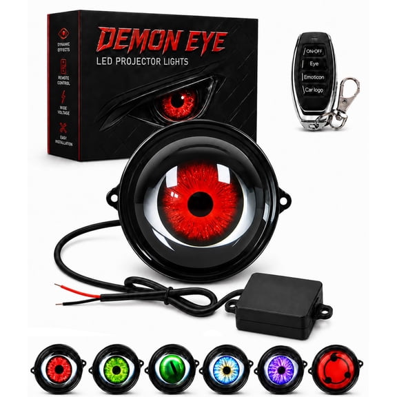 Dynamic Demon Eye Headlights, 3-Inch LED Devil Eye Kit with 6/33 Animated Modes and Remote Control, 12-36V Synchronized Accent Lights with Color Lenses for Cars