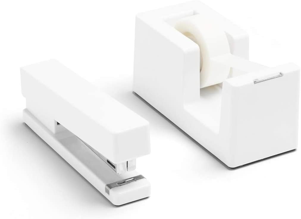 Dynamic Duo Stapler and Tape Dispenser Set White. Staple Up to 20 of