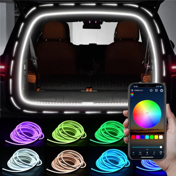 Dynamic Flowing Car Trunk Light Strip, RGB Custom Neon Atmosphere Light, Car Interior Decorative Strip Ambient Lighting with APP Control