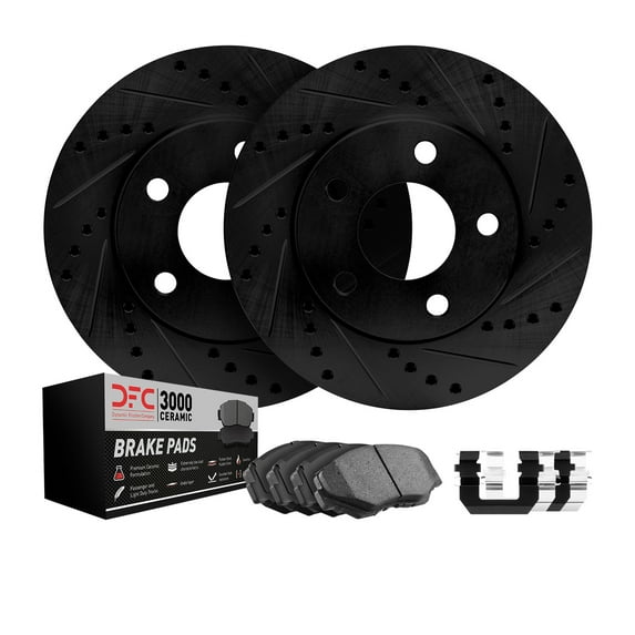 Dynamic Friction Company Front Brake Rotors-Drilled and Slotted-Black with 3000 Series Ceramic Brake Pads includes Hardware 8312-67042 Fits select: 1986-1990 NISSAN SENTRA