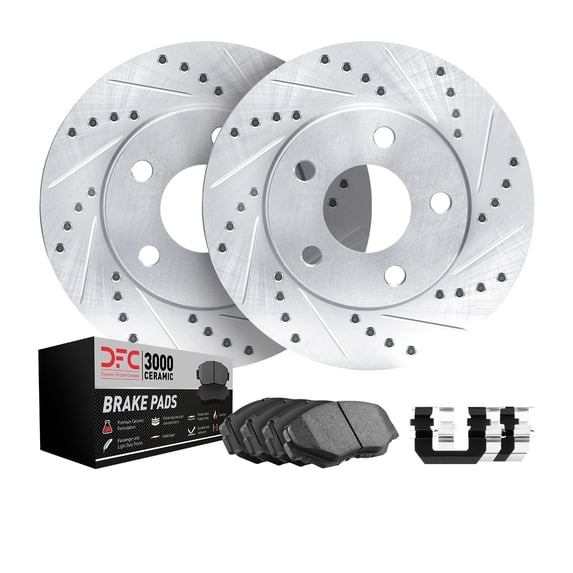 Dynamic Friction Company Front Brake Rotors-Drilled and Slotted-Silver with 3000 Series Ceramic Brake Pads includes Hardware 7312-40082 Fits select: 2002-2005 DODGE RAM 1500, 2004-2006 DODGE DURANGO