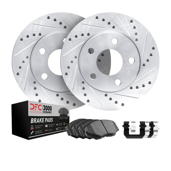 Dynamic Friction Company Front Brake Rotors-Drilled and Slotted-Silver with 3000 Series Ceramic Brake Pads includes Hardware 7312-76115 Fits select: 1998-2007 TOYOTA LAND CRUISER, 1998-2007 LEXUS LX
