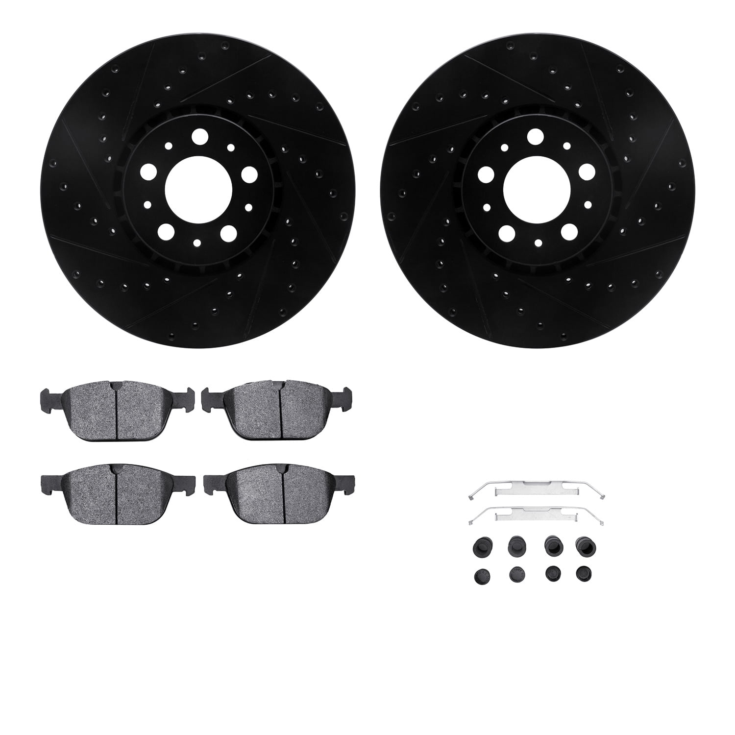 Dynamic Friction Company Front Brake Rotors-Drilled and Slotted-Black with 5000 Advanced Brake Pads includes Hardware 8512-27281