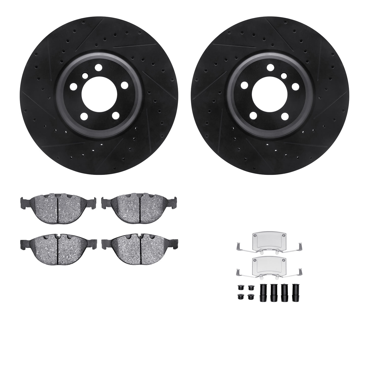 Dynamic Friction Company Front Brake Rotors-Drilled and Slotted-Black with 5000 Advanced Brake Pads includes Hardware 8512-31084