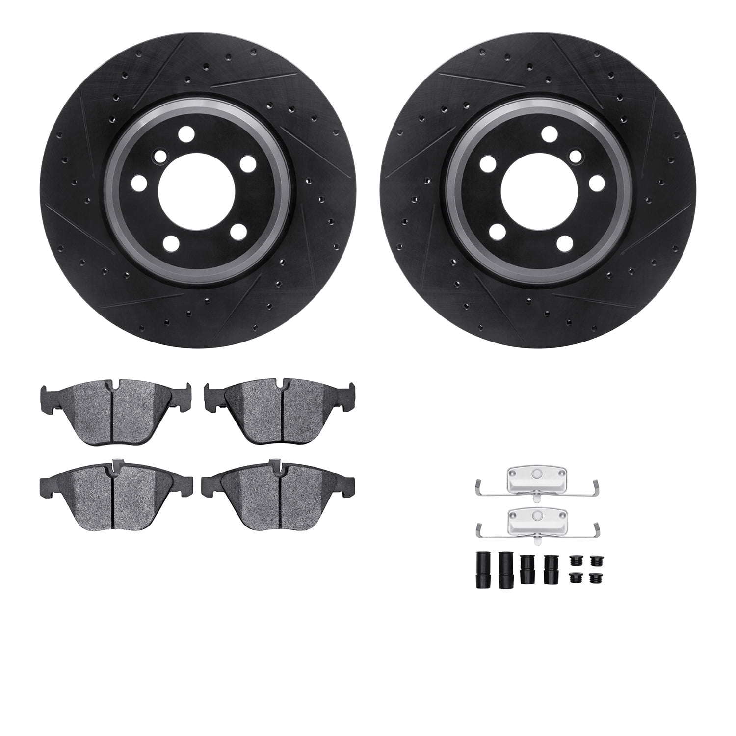 Dynamic Friction Company Front Brake Rotors-Drilled and Slotted-Black with 5000 Advanced Brake Pads includes Hardware 8512-31358
