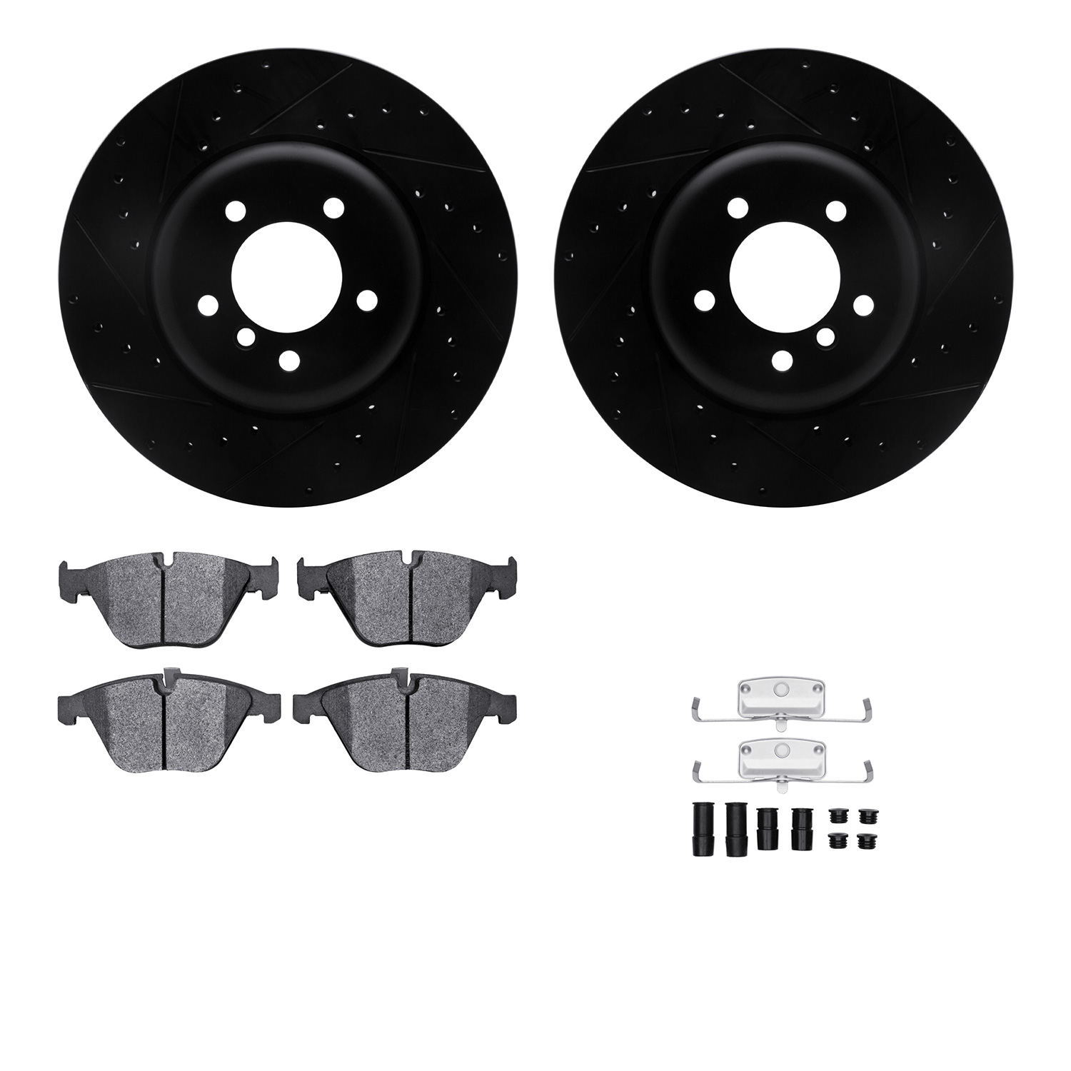 Dynamic Friction Company Front Brake Rotors-Drilled and Slotted-Black with 5000 Advanced Brake Pads includes Hardware 8512-31388
