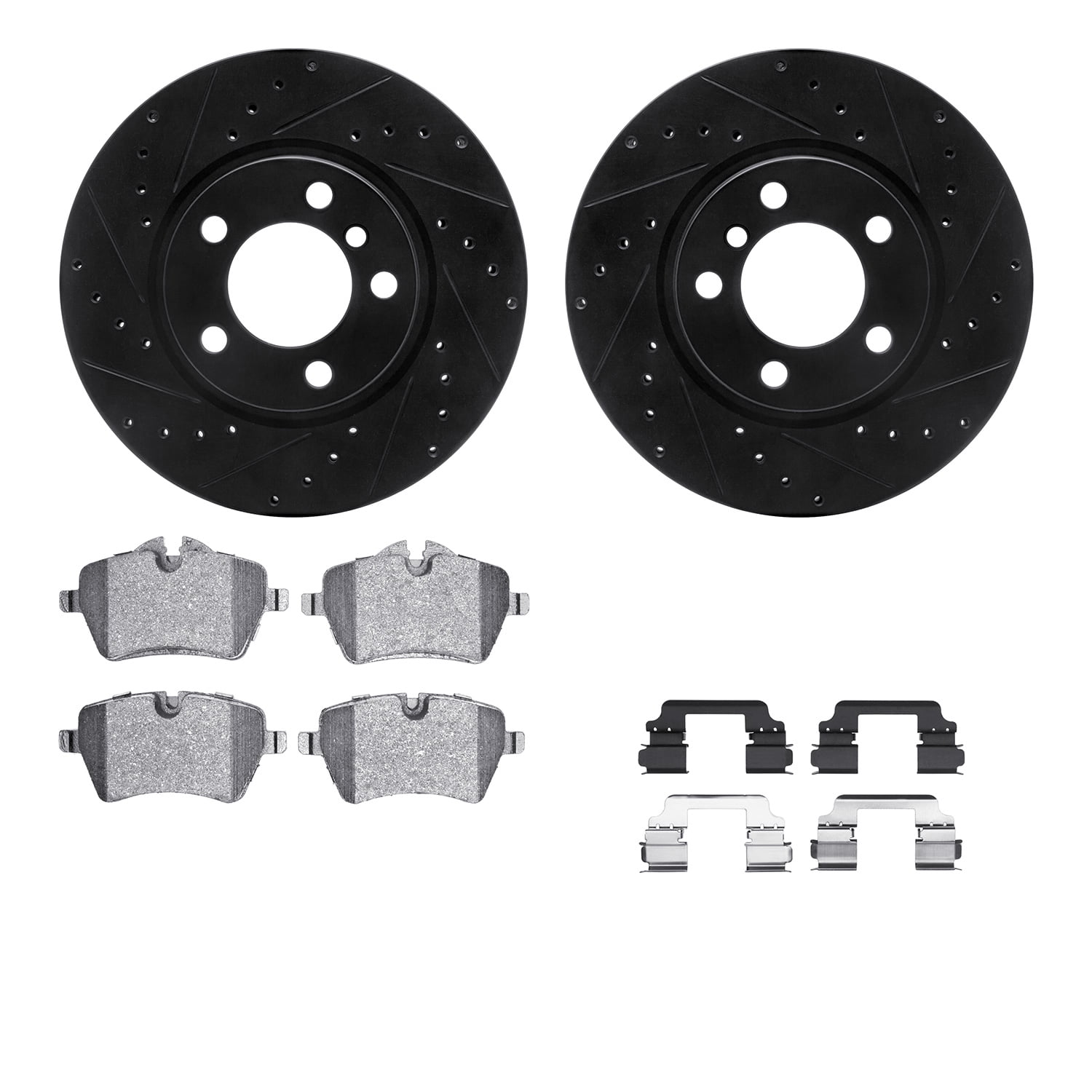 Dynamic Friction Company Front Brake Rotors-Drilled and Slotted-Black with 5000 Advanced Brake Pads includes Hardware 8512-32014