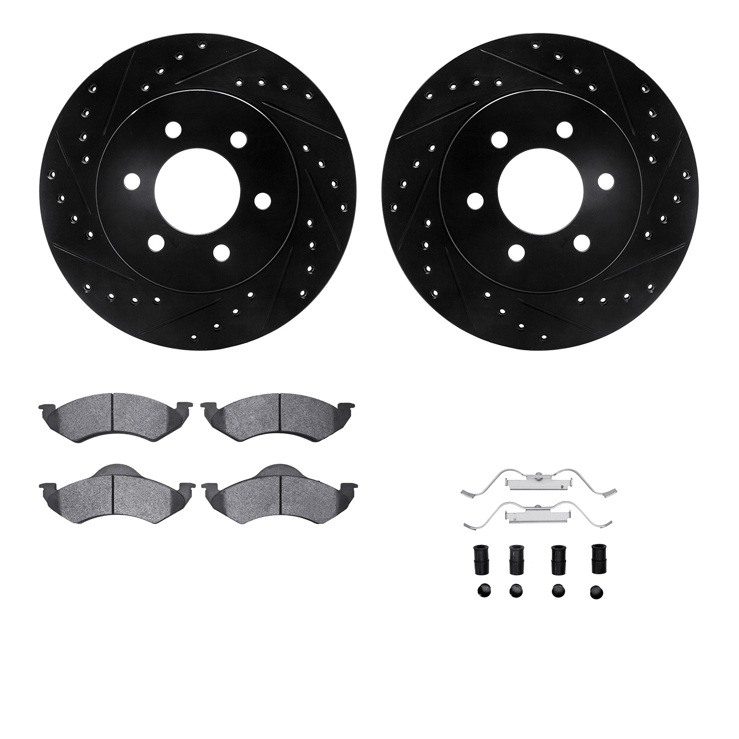 Dynamic Friction Company Front Brake Rotors-Drilled and Slotted-Black with 5000 Advanced Brake Pads includes Hardware 8512-40077