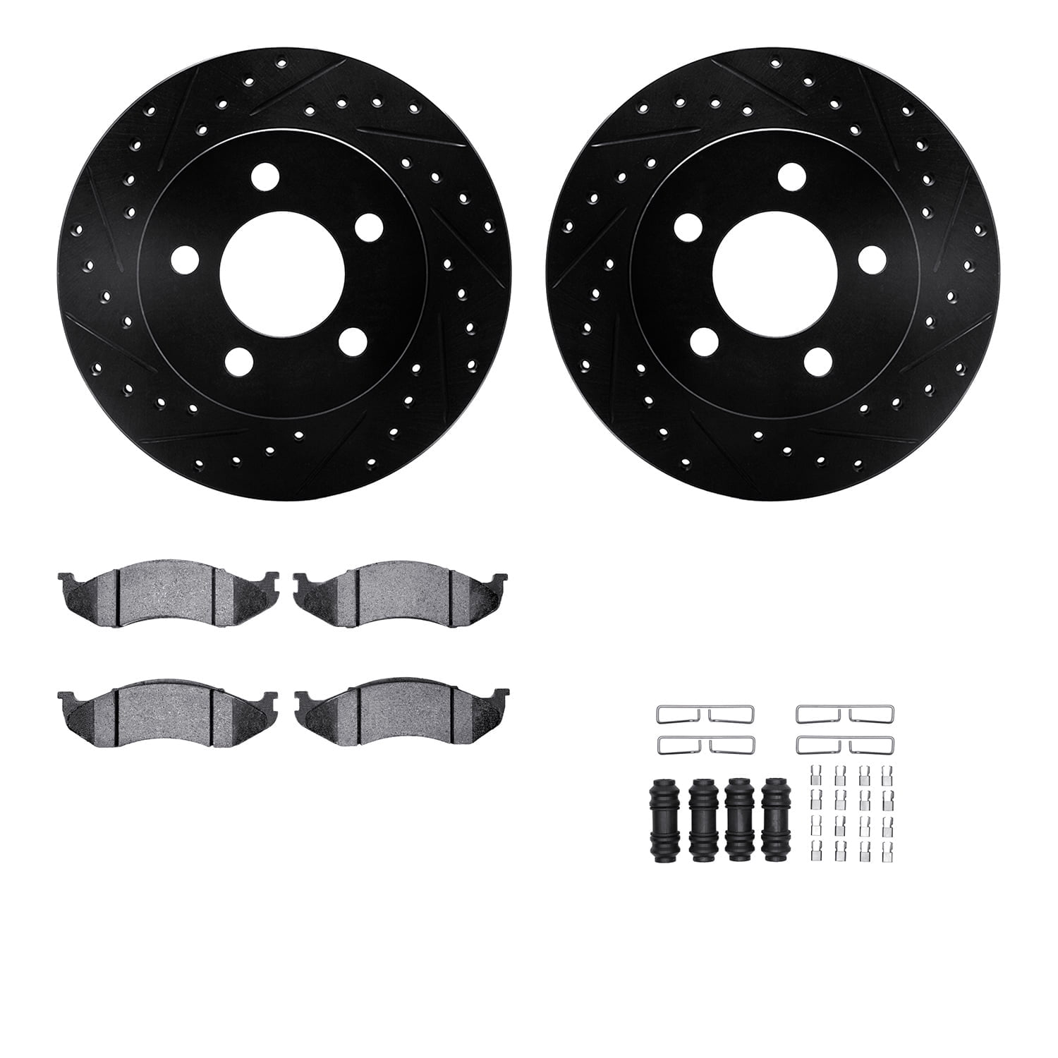 Dynamic Friction Company Front Brake Rotors-Drilled and Slotted-Black with 5000 Advanced Brake Pads includes Hardware 8512-42058