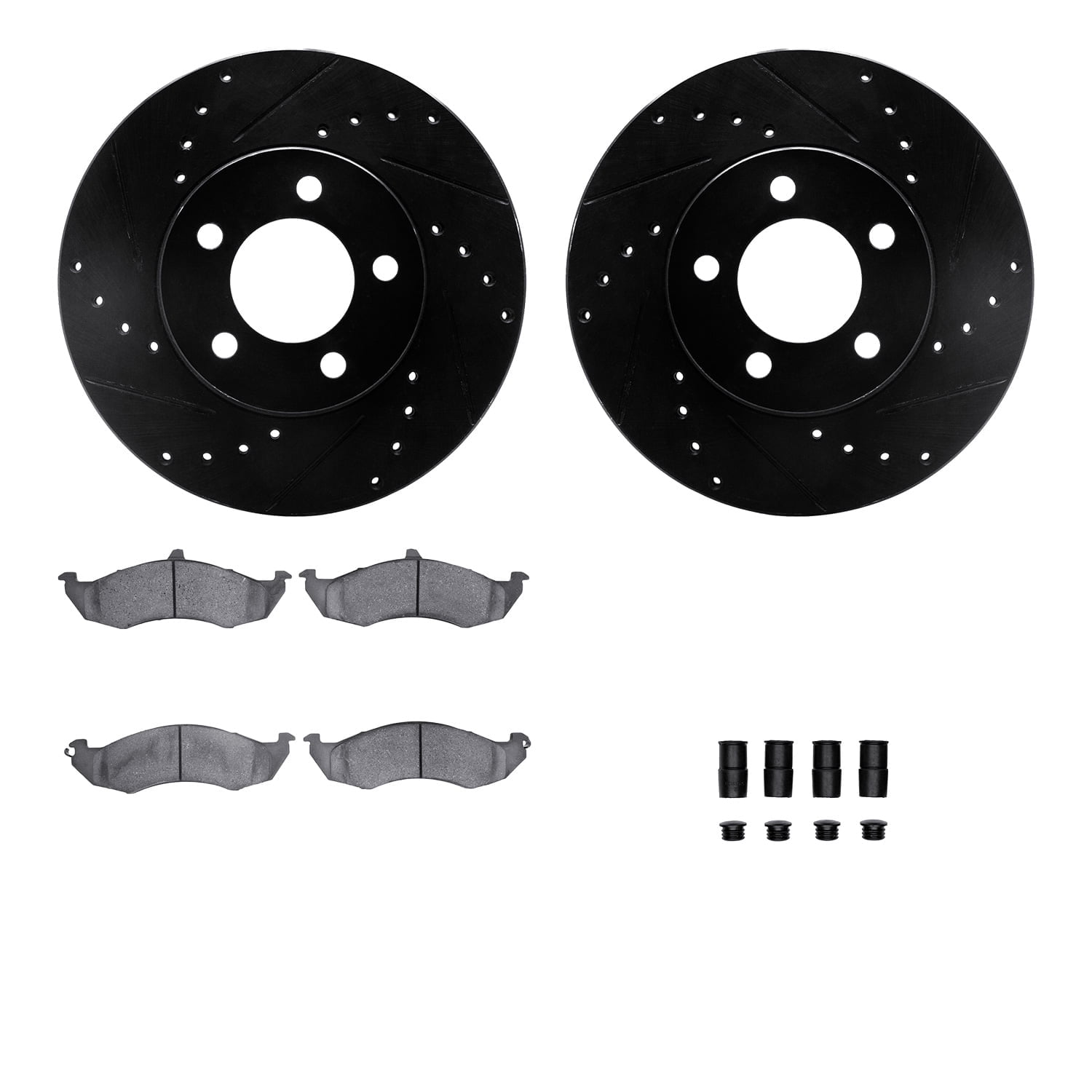 Dynamic Friction Company Front Brake Rotors-Drilled and Slotted-Black with 5000 Advanced Brake Pads includes Hardware 8512-54346
