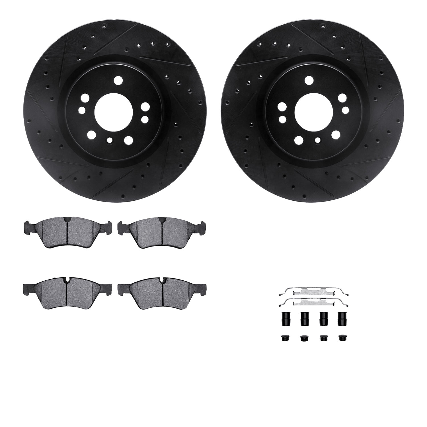 Dynamic Friction Company Front Brake Rotors-Drilled and Slotted-Black with 5000 Advanced Brake Pads includes Hardware 8512-63110