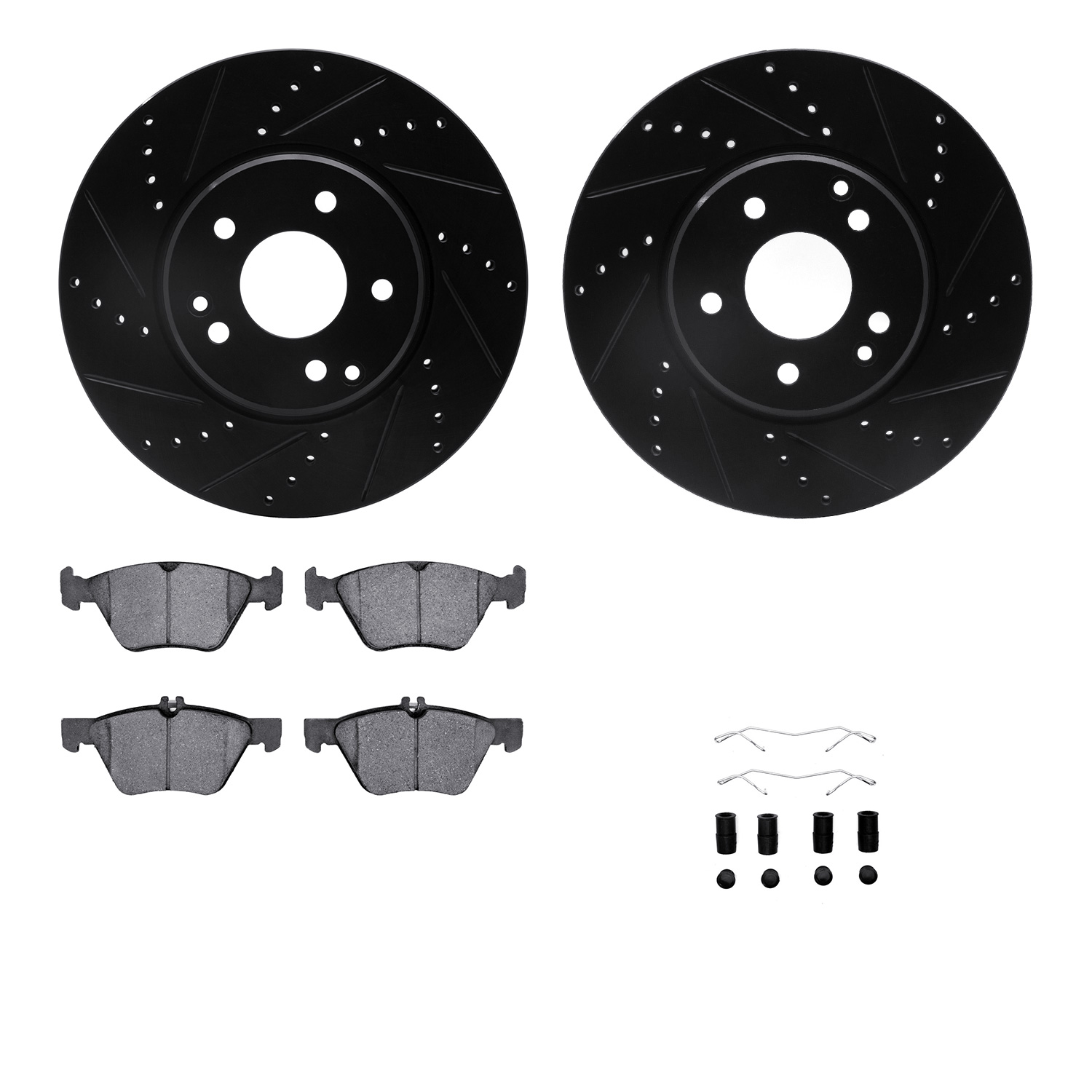 Dynamic Friction Company Front Brake Rotors-Drilled and Slotted-Black with 5000 Advanced Brake Pads includes Hardware 8512-63301