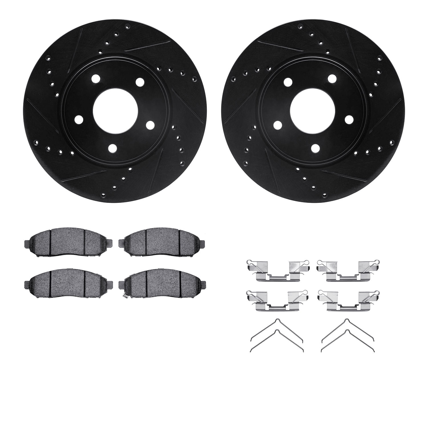 Dynamic Friction Company Front Brake Rotors-Drilled and Slotted-Black with 5000 Advanced Brake Pads includes Hardware 8512-67115
