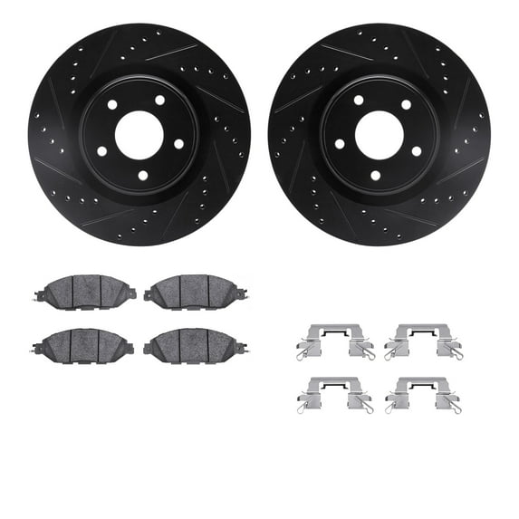Dynamic Friction Company Front Brake Rotors-Drilled and Slotted-Black with 5000 Advanced Brake Pads includes Hardware 8512-67125