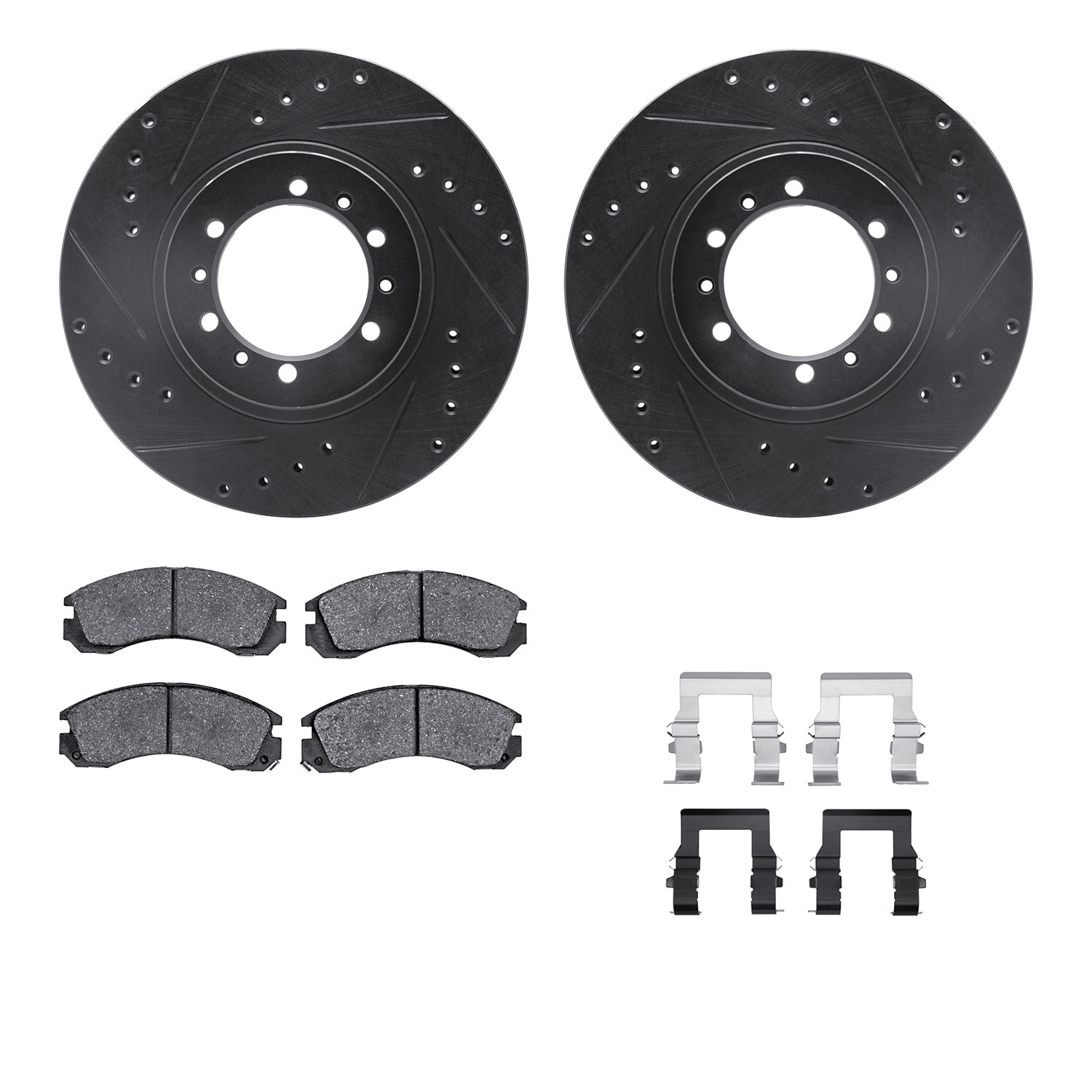 Dynamic Friction Company Front Brake Rotors-Drilled and Slotted-Black with 5000 Advanced Brake Pads includes Hardware 8512-72043