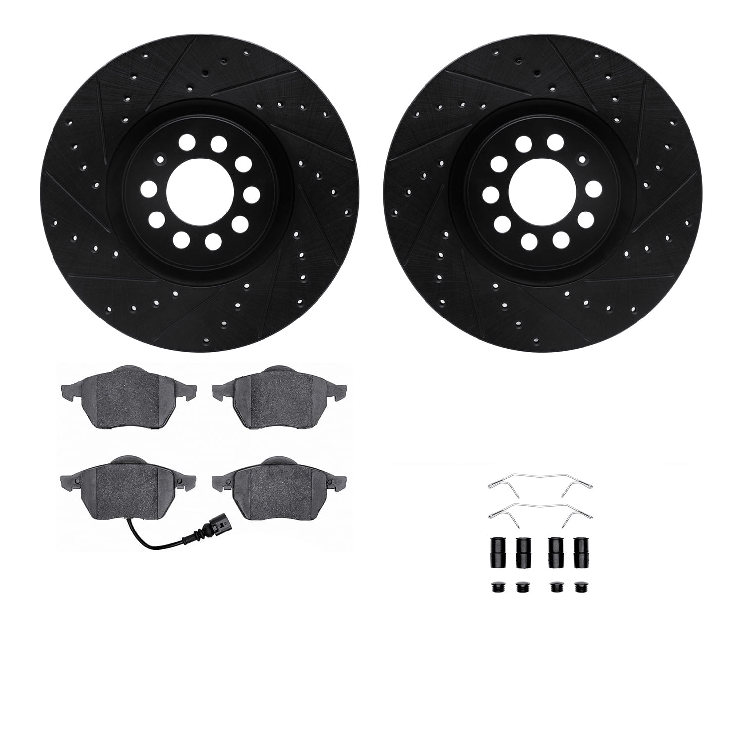 Dynamic Friction Company Front Brake Rotors-Drilled and Slotted-Black with 5000 Advanced Brake Pads includes Hardware 8512-74043